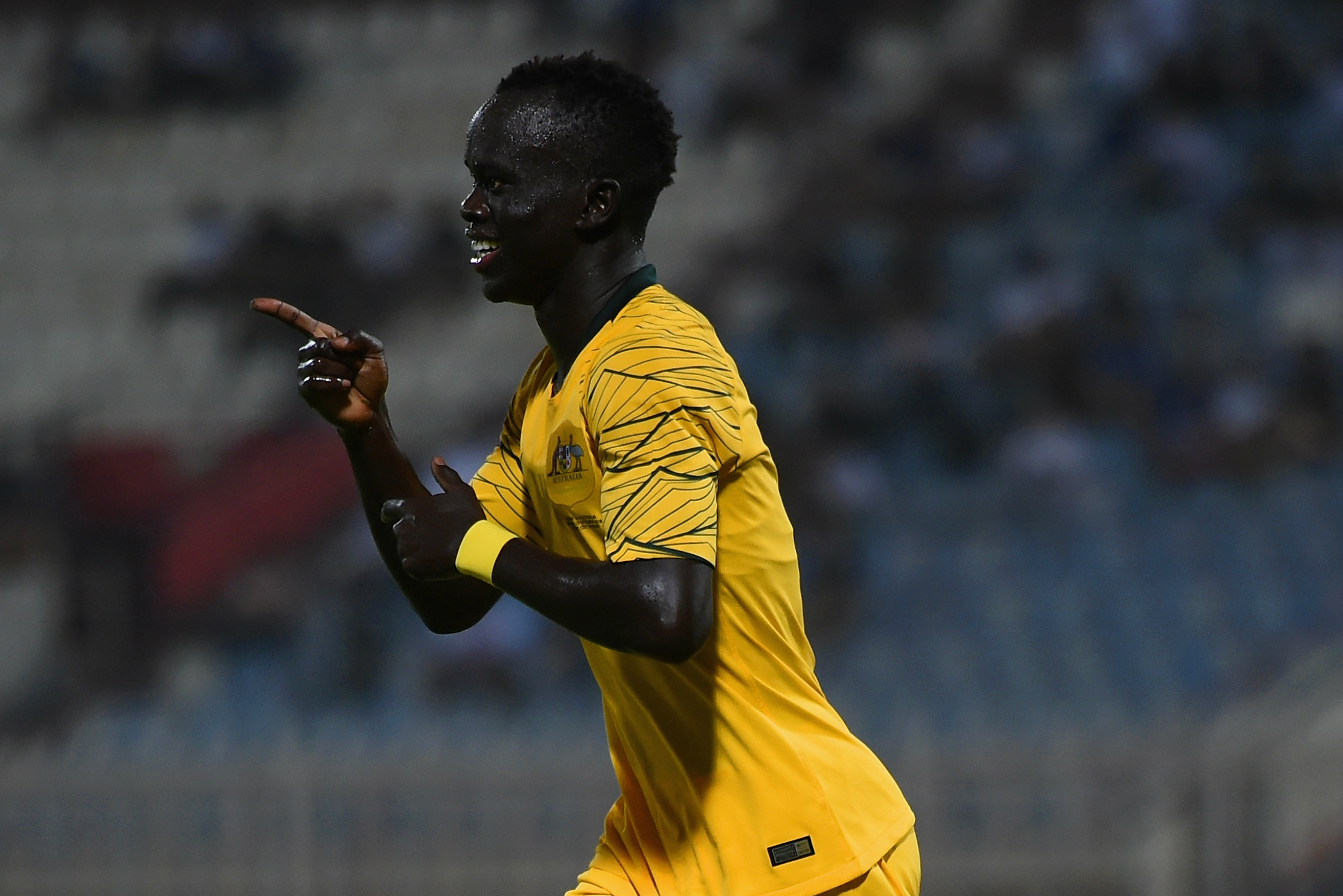 Awer Mabil after scoring on his Caltex Socceroos debut.