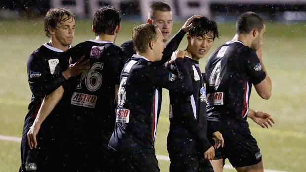Blacktown City players celebrate a goal in their FFA Cup win over Bonnyrigg.