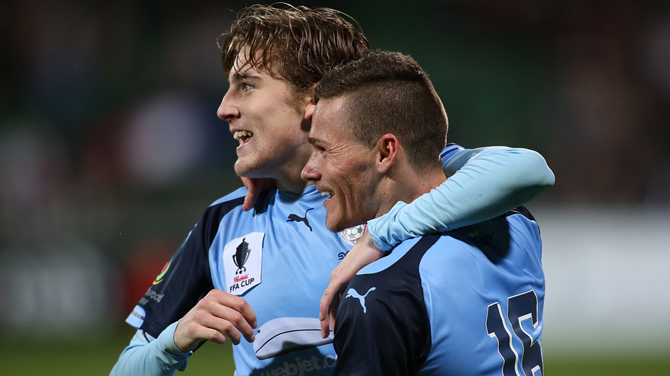Max Burgess celebrates scoring Sydney FC's second goal against Sorrento FC.