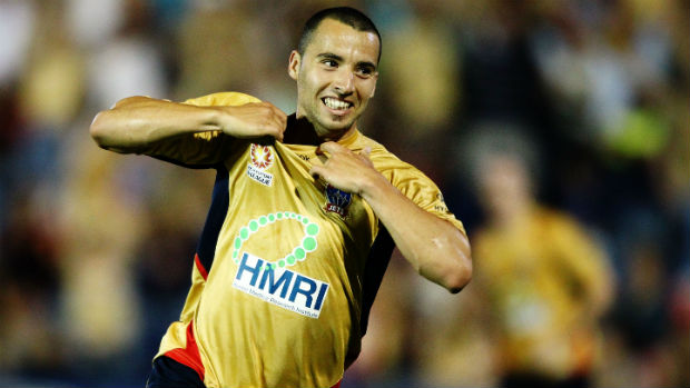 Marconi Stallions striker Marko Jesic celebrates scoring for the Newcastle Jets in 2010.
