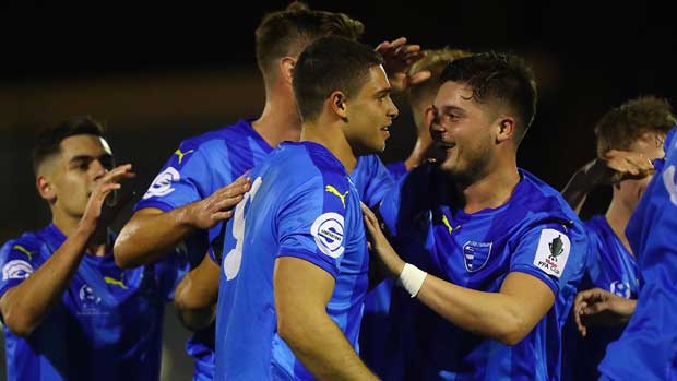 Gold Coast City players celebrate their 3-1 win over Western Knights.