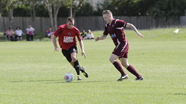 Coffs City United’s Nathan Silvy and Sam Sawtell from Urunga