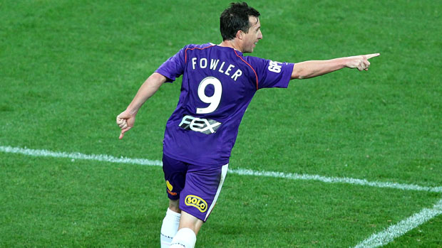 Robbie Fowler celebrates a goal for Perth Glory.