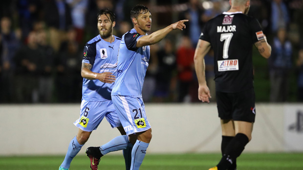 Filip Holosko celebrates a goal in his side's 3-0 win over Blacktown City.