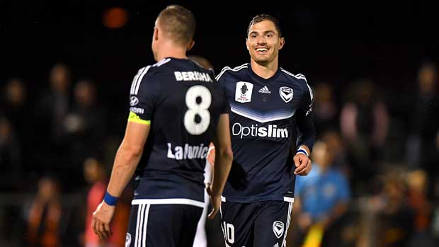 James Troisi celebrates his goal in Victory's big win over Brisbane Roar.