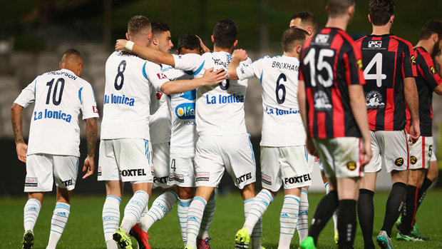 Melbourne Victory players celebrate a goal in their 3-2 win over Rockdale City Suns.