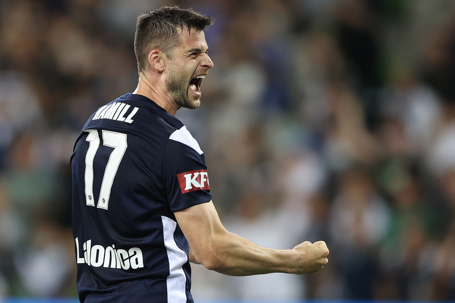 Brendan Hamill of the Victory celebrates after the Victory defeated the Mariners during the 2021 FFA Cup Final match between Melbourne Victory and Central Coast Mariners at AAMI Park on February 05, 2022