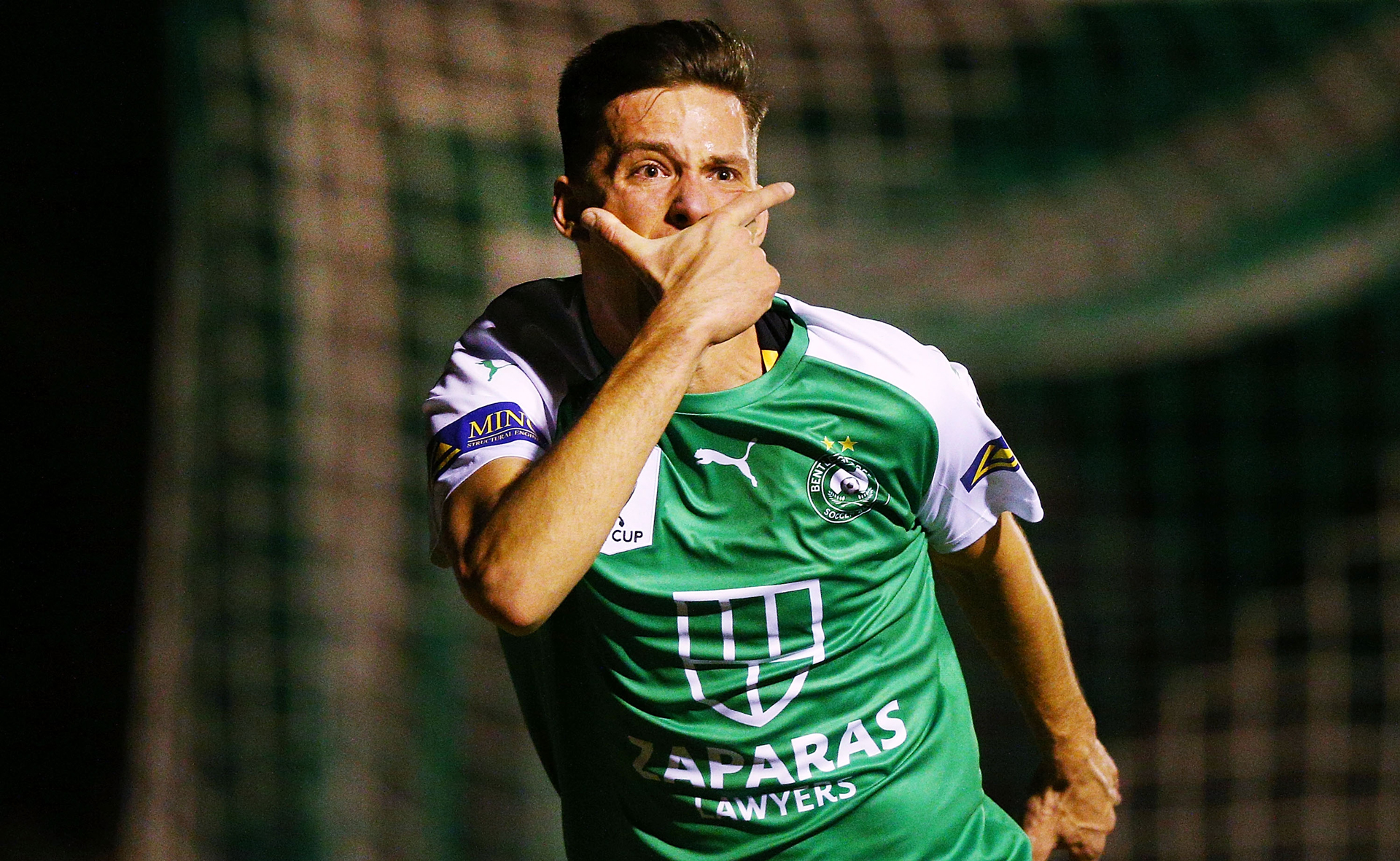 Marco Jankovic of Bentleigh celebrates a goal during the Australia Cup round of 32 match between Bentleigh Greens and Wellington Phoenix at Kingston Heath Soccer Complex on August 7, 2018