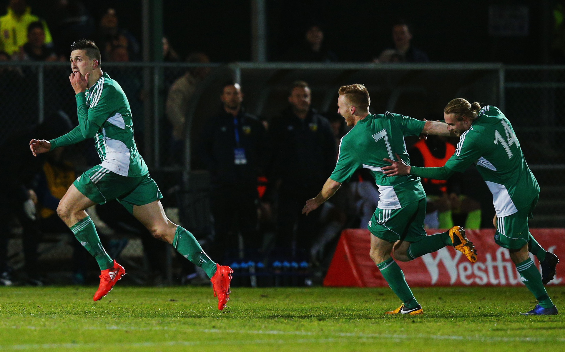Liam Boland of Green Gully celebrates a goal in the dyaing stages to win during the Australia Cup Round of 32 match between Green Gully and the Central Coast Mariners at Green Gully Reserve on August 2, 2016