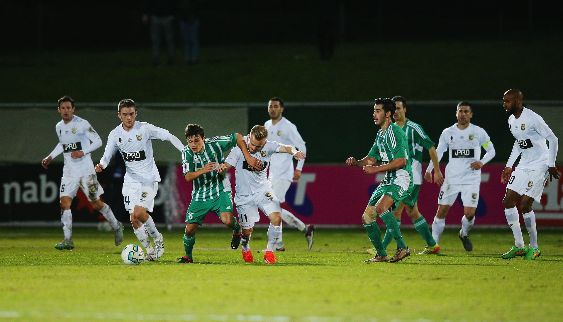 Kliment Taseski of Green Gully and Connor Pain of the Mariners compete for the ball during the Australia Cup Round of 32 match between Green Gully and the Central Coast Mariners at Green Gully Reserve on August 2, 2016