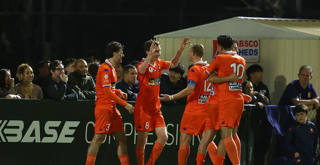 BRISBANE, AUSTRALIA - AUGUST 25: Mitchell Hore of Lions FC celebrates scoring a goal during the Australia Cup Quarterfinal match between Lions FC and North Sunshine Eagles at Luxury Paints Stadium, on August 25, 2026 in Brisbane, Australia. (Photo by Chris Hyde/Getty Images)
