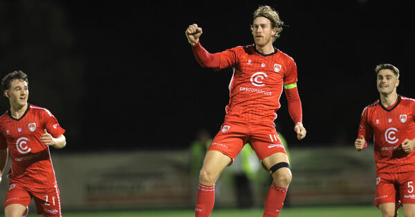 Hume City celebrate scoring in the Australia Cup 2024 Preliminary Round 7 match against Caroline Springs