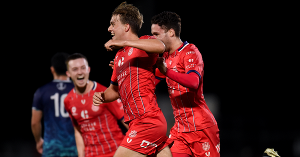 Olympic FC celebrate a goal in the NPL Queensland Men's 2024 competition