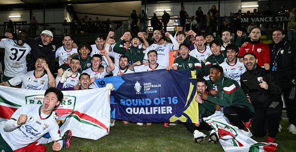 BRISBANE, AUSTRALIA - JULY 14: SD Raiders celebrate their victory during the Australia Cup round of 32 match between Rochedale Rovers FC and SD Raiders FC at Underwood Park on July 14, 2026 in Brisbane, Australia. (Photo by Albert Perez/Getty Images)