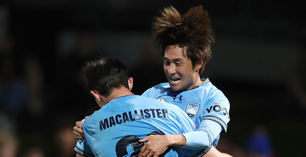 SYDNEY, AUSTRALIA - AUGUST 18: Takahiro Sekline of Sydney FC celebrates a goal during the Australia Cup Quarterfinal match between SD Raiders and Sydney FC at Fairfield Showground, on August 18, 2026 in Sydney, Australia. (Photo by Darrian Traynor/Getty Images)