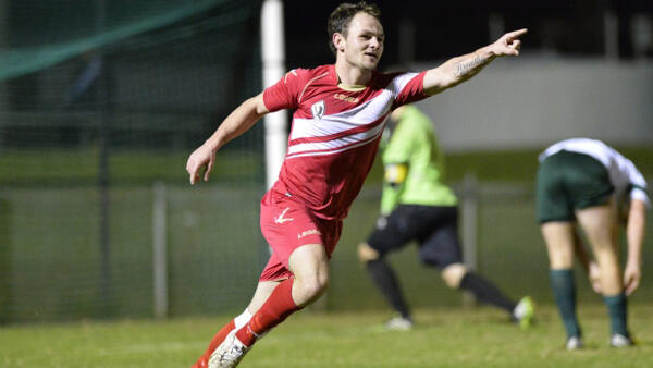 Parramatta FC stiker Shayne Ardle celebrates his goal against Northern Tigers.