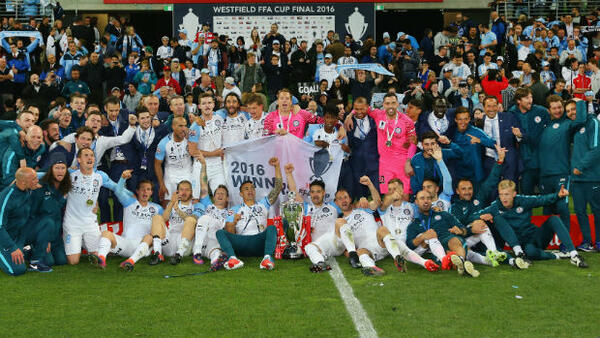 Melbourne City celebrate their Westfield FFA Cup 2016 triumph at AAMI Park.