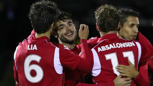 Adelaide United players celebrate one of Nikola Mileusnic's three goals against Heidelberg United.