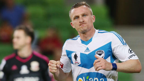 Besart Berisha celebrates converting his first-half penalty against Hume City.