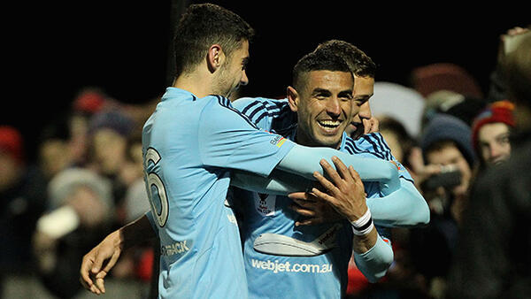Ali Abbas celebrates after scoring against Melbourne City FC.