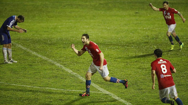 Knights match-winner Stipo Andrijasevic celebrates his goal against Cockburn City.