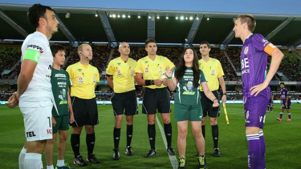 Wanderers' Mark Bridge at Glory's Michael Thwaite at the coin toss before last season's Round 6 A-League clash.