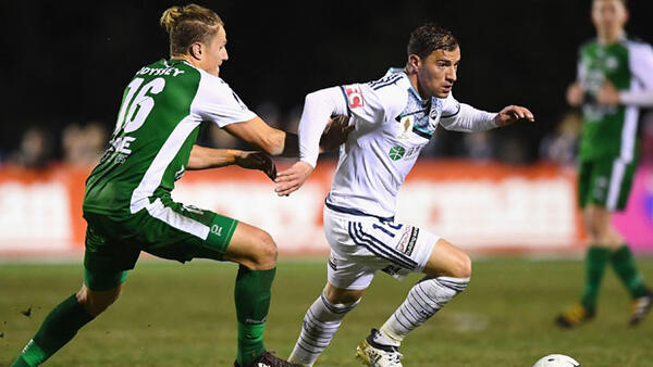 Victory star James Troisi on the ball against Bentleigh Greens.