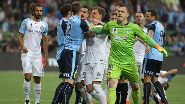 Danny Vukovic in the thick of the action during the FFA Cup Final.
