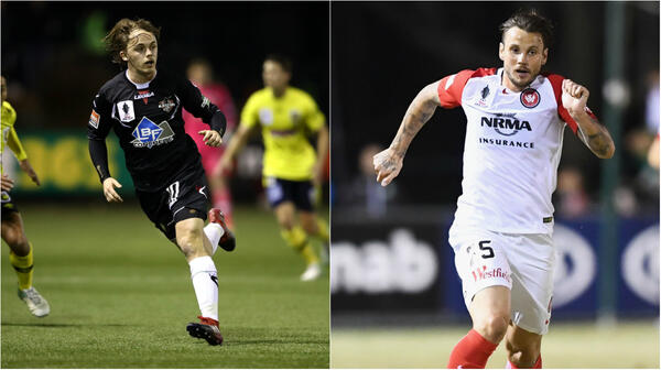 Blacktown City's Connor Evans and Western Sydney Wanderers star Chris Herd.