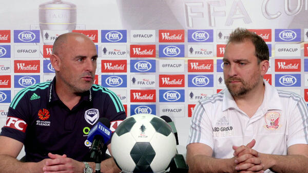Melbourne Victory head coach Kevin Muscat and Hume City head coach Lou Acevski.