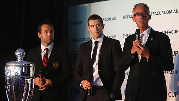 Paul Reid, Brett Emerton and David Gallop at the official launch of the FFA Cup.