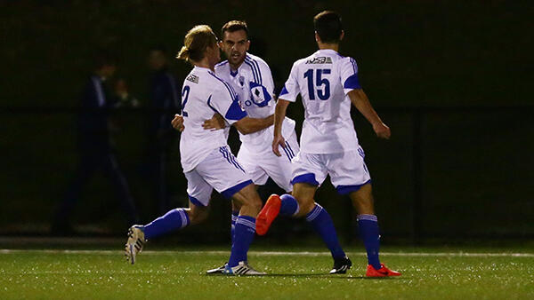 Sydney Olympic celebrate a goal during their round of 32 win over Manly United.