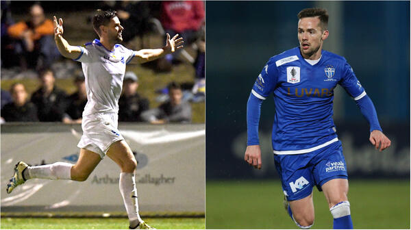 Gold Coast City's Sam Smith and South Melbourne defender Matthew Foschini.