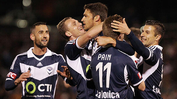 Melbourne Victory celebrate a goal during their 6-0 win over Tuggeranong United.