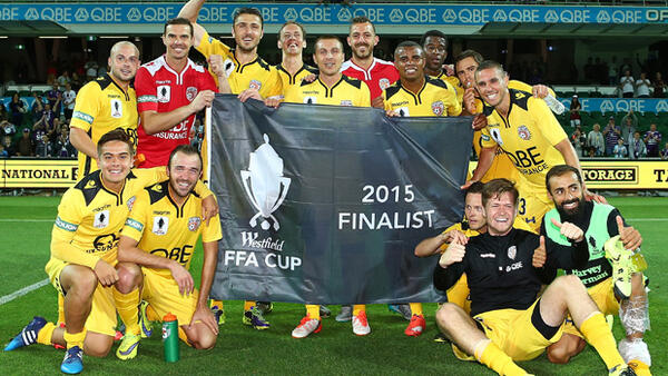 Perth Glory celebrate following their 3-1 win over Melbourne City FC.