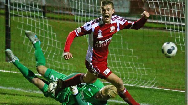 Marcus Schroen of Hume City FC celebrates one of his two goals against Brisbane Strikers.