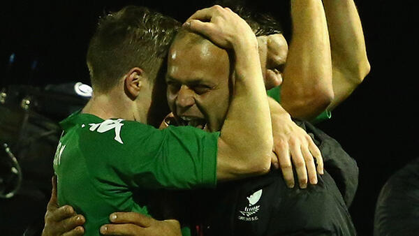 Bentleigh Greens coach John Anastasiadis celebrates after his side downed Adelaide City.