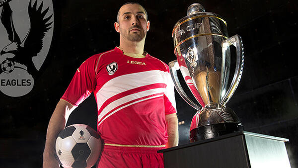 Parramatta FC's Matthew Clowes poses with the Westfield FFA Cup.