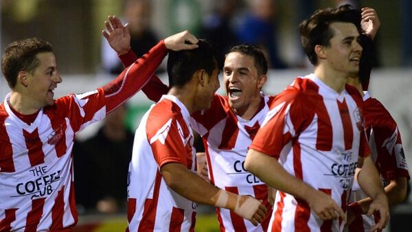 Olympic FC captain Danny Byrne celebrates his side's Round of 32 win over Melbourne Knights