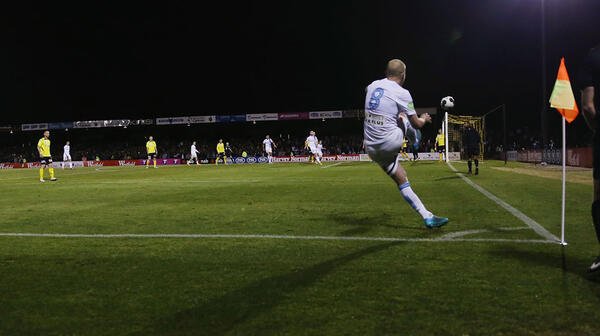 Aaron Mooy delivers a free kick at the Olympic Village ground against Heidelberg.