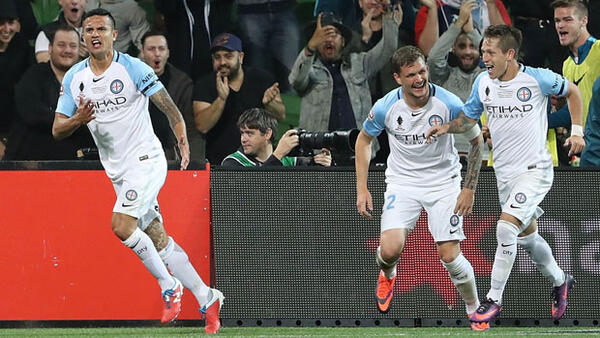 Melbourne City players celebrate Tim Cahill's goal in the FFA Cup Final against Sydney FC.