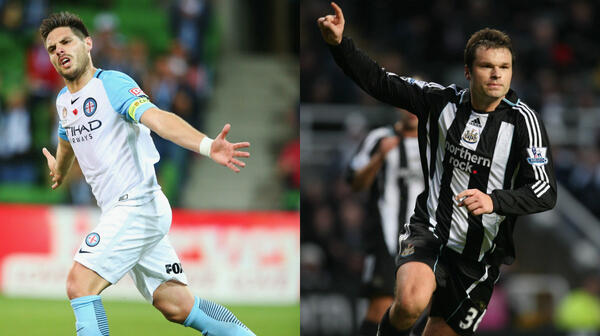 Bruno Fornaroli celebrates scoring for Melbourne City and Mark Viduka celebrates a goal for Newcastle United.