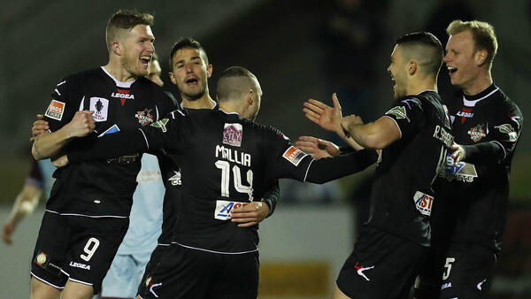 Blacktown City players celebrate a goal in their Westfield FFA Cup Rd of 16 win over APIA Leichhardt.