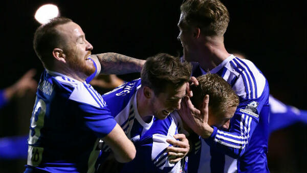 Floreat Athena celebrate Kris Gate's equaliser against Melbourne City on Tuesday night.
