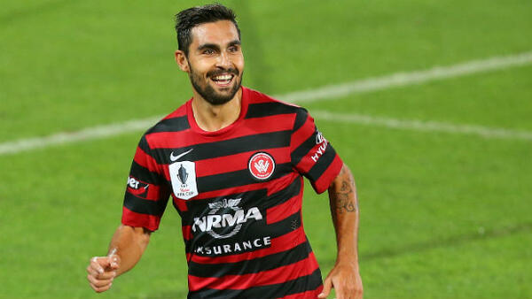 Wanderers' Dimas Delgado celebrates opening the scoring against Palm Beach Sharks on the Gold Coast.
