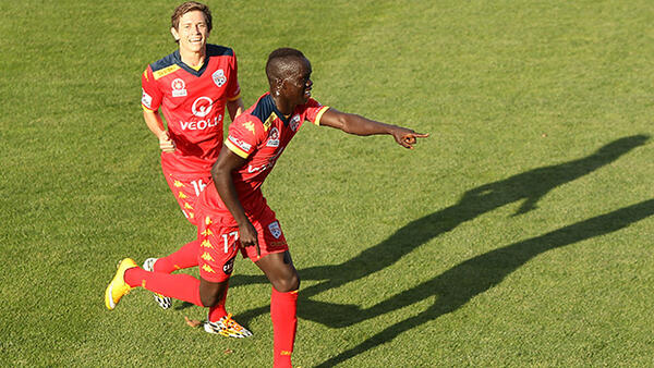 Mabil celebrates after scoring against Perth Glory.