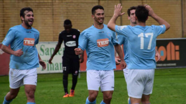 Perth SC celebrate Dean Evans' second goal in their win over Gwelup.