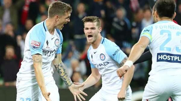 Michael Jakobsen celebrates his incredible goal in the Westfield FFA Cup clash against Western Sydney Wanderers.