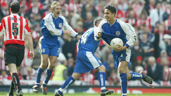 Tim Cahill celebrates scoring for Millwall in their FA Cup semi-final against Sunderland in 2004.