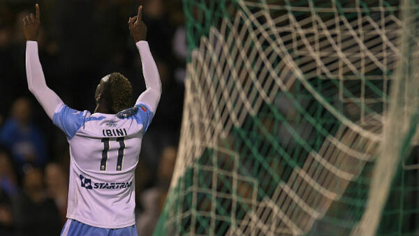 Sydney FC's Bernie Ibini celebrates scoring against Canberra Olympic in their Westfield FFA Cup Semi Final.